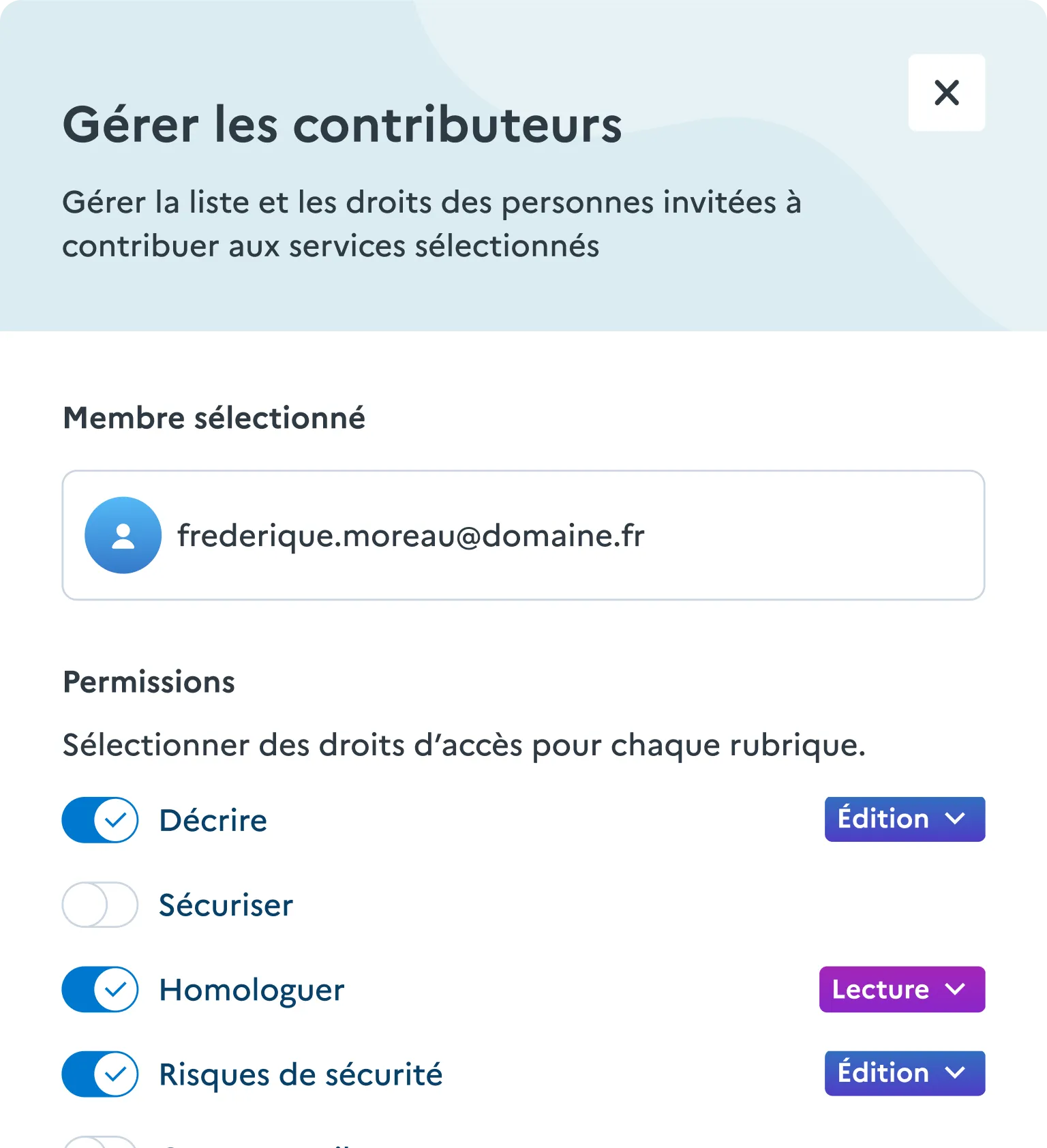 Menu de gestion des contributeurs